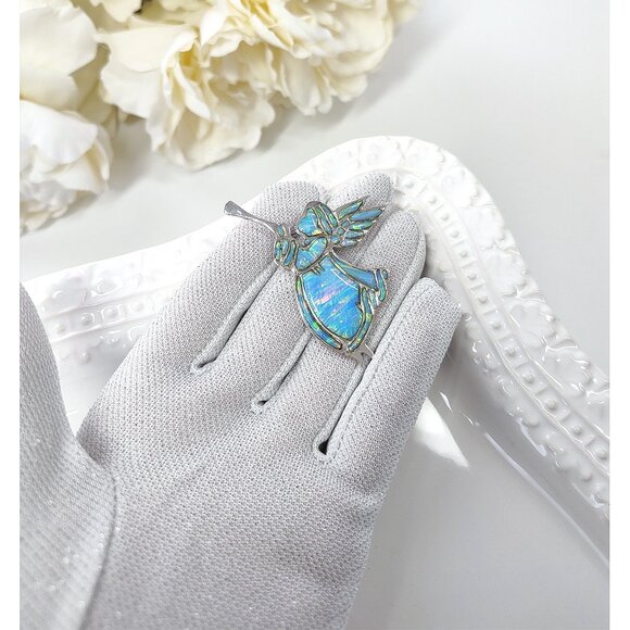 Vintage Zuni Blue Fire Opal Trumpeting Angel Pin Reynetsa Leland Sterling Brooch - Picture 4 of 11